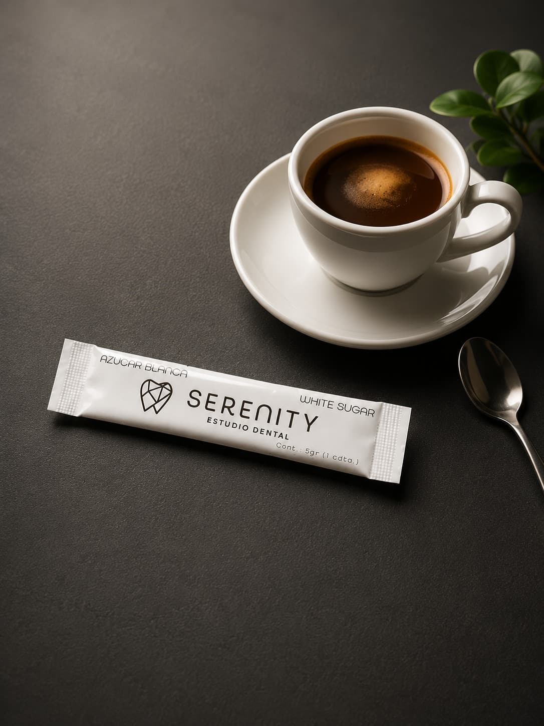 Sachet de azúcar personalizado junto a una taza de café